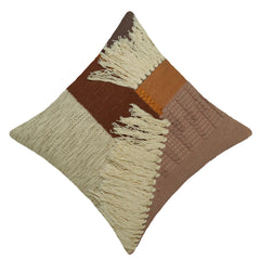 Handwoven Cotton Cushion Cover 45x45 cm | Boho Fringe Decorative Throw Pillow Cover | Handmade Textured Patchwork Cushion Cover | Concealed Zip | Brown, Beige & Ivory