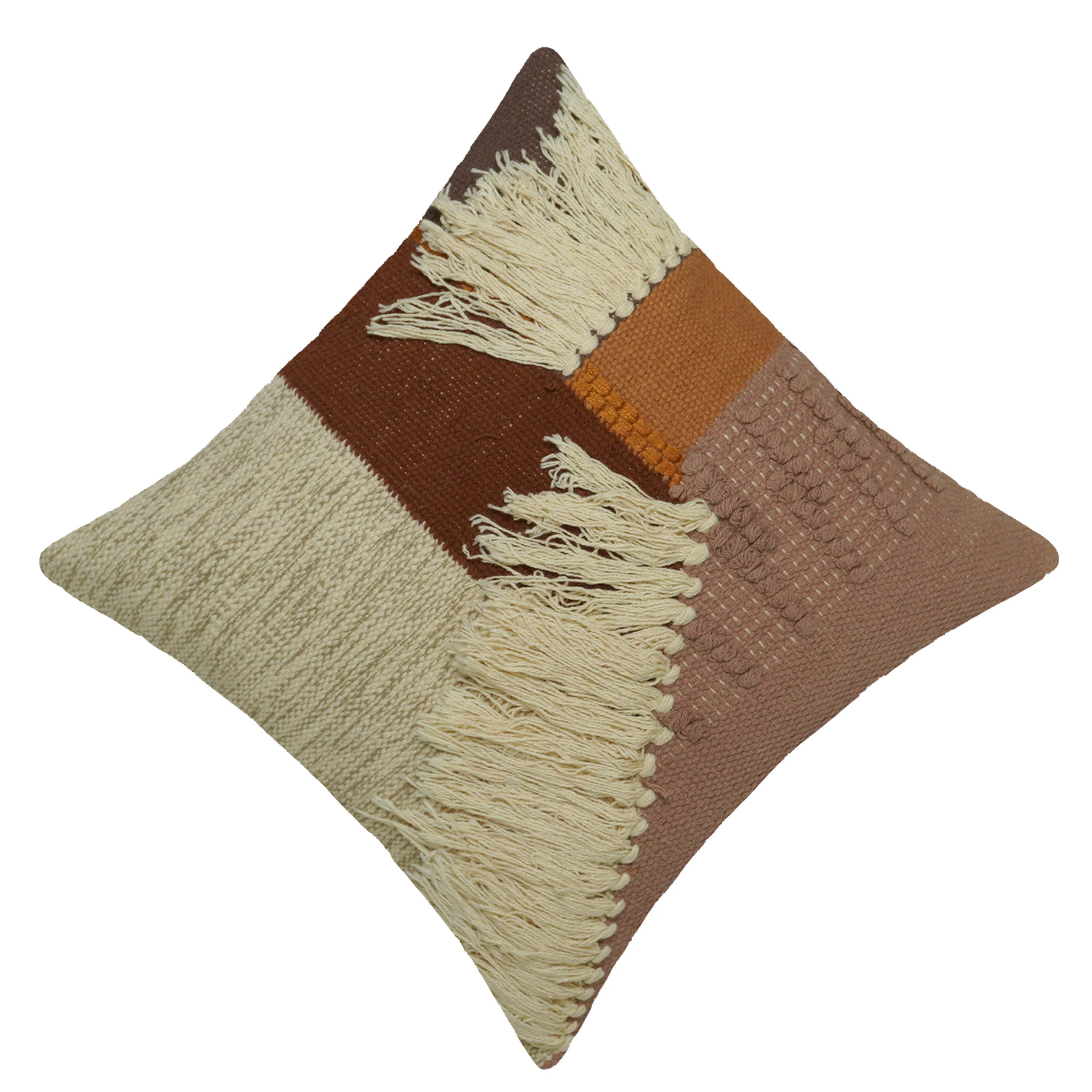 Handwoven Cotton Cushion Cover 45x45 cm | Boho Fringe Decorative Throw Pillow Cover | Handmade Textured Patchwork Cushion Cover | Concealed Zip | Brown, Beige & Ivory