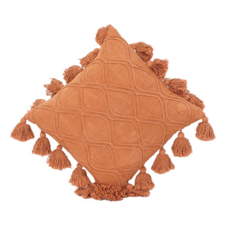 Rust Terracotta Textured Cotton Cushion Cover with Tassels | Boho Geometric Embroidered Pillow Cover | 18x18 Inch - Bulk manufacturer & supplier from Panipat, India