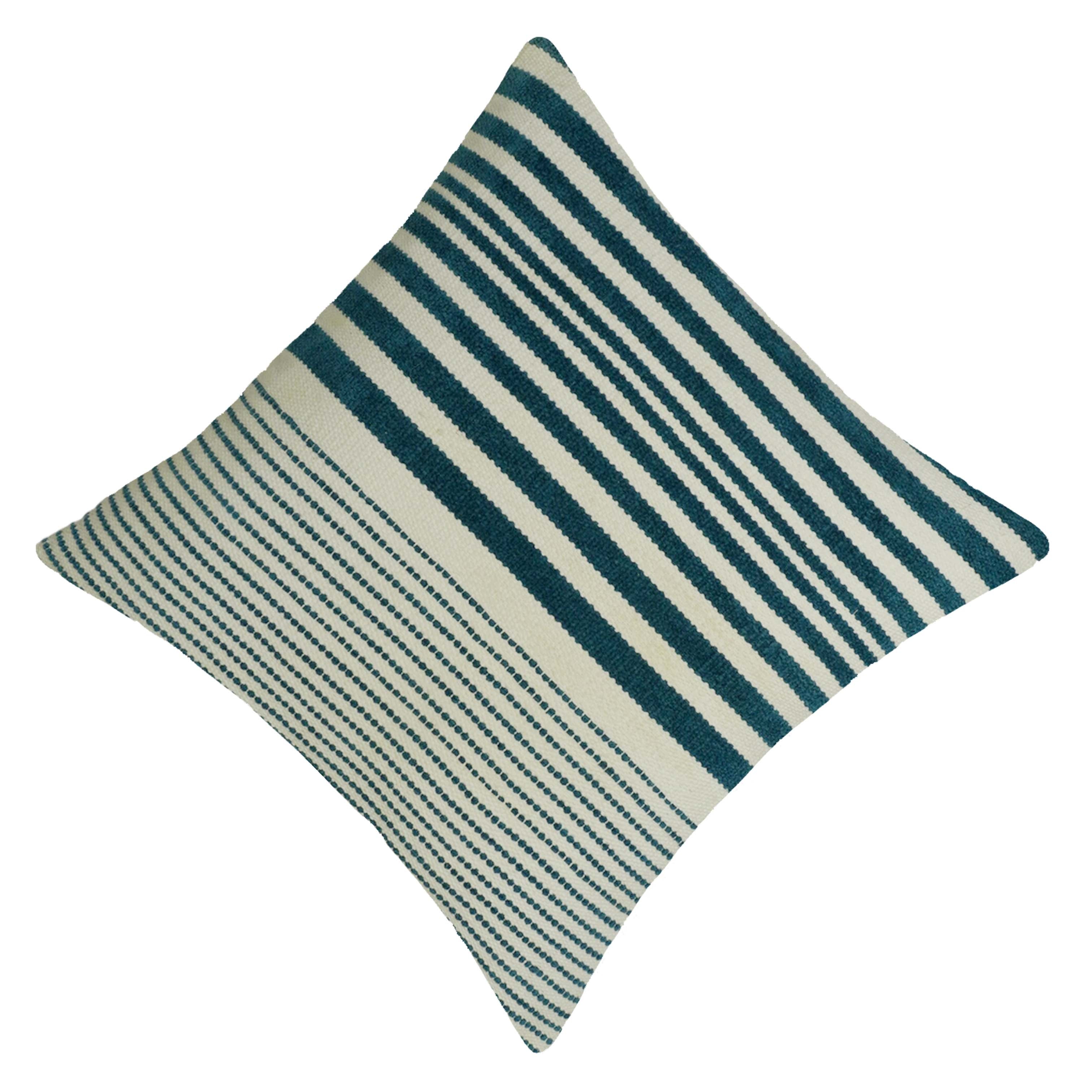 Handwoven Cotton Striped Cushion Cover 45x45 cm | Blue & Ivory Woven Decorative Throw Pillow Cover | Modern Coastal Farmhouse Sofa Cushion Cover | Hidden Zipper