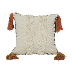 Boho Textured Cotton Cushion Cover with Tassels | Handwoven Tufted Throw Pillow Cover in Neutral Tones