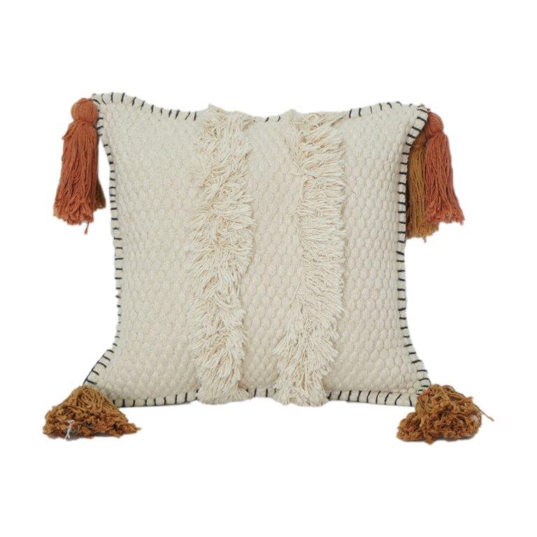 Boho Textured Cotton Cushion Cover with Tassels | Handwoven Tufted Throw Pillow Cover in Neutral Tones
