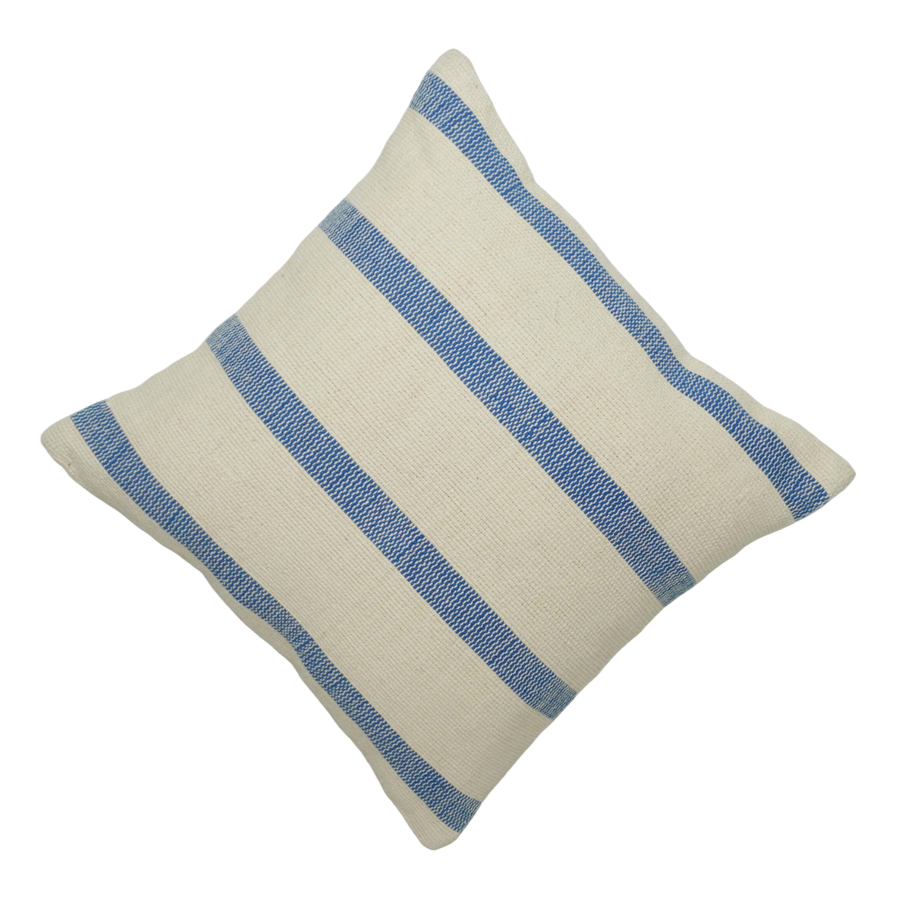 Handwoven Cotton Striped Cushion Cover 45x45 cm | Blue & Ivory Woven Throw Pillow Cover | Modern Farmhouse & Coastal Décor | Hidden Zip | 100% Cotton