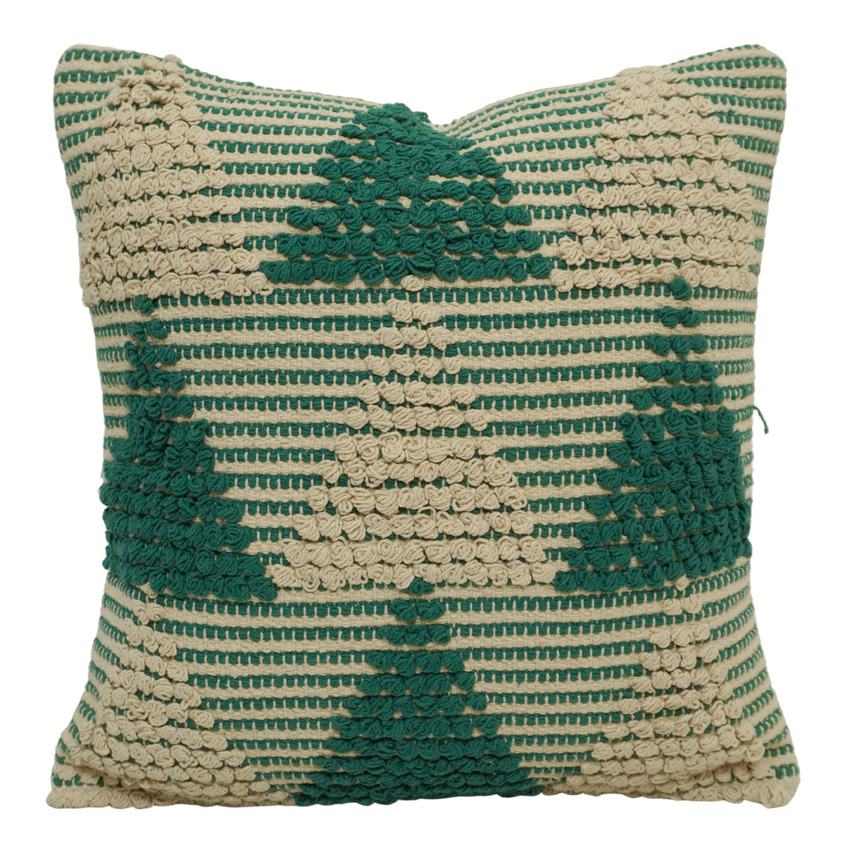 Handwoven Cotton Cushion Cover 45x45 cm | Green & Natural Textured Geometric Tufted Design | Decorative Throw Pillow Cover | Hidden Zipper | Boho Home Décor
