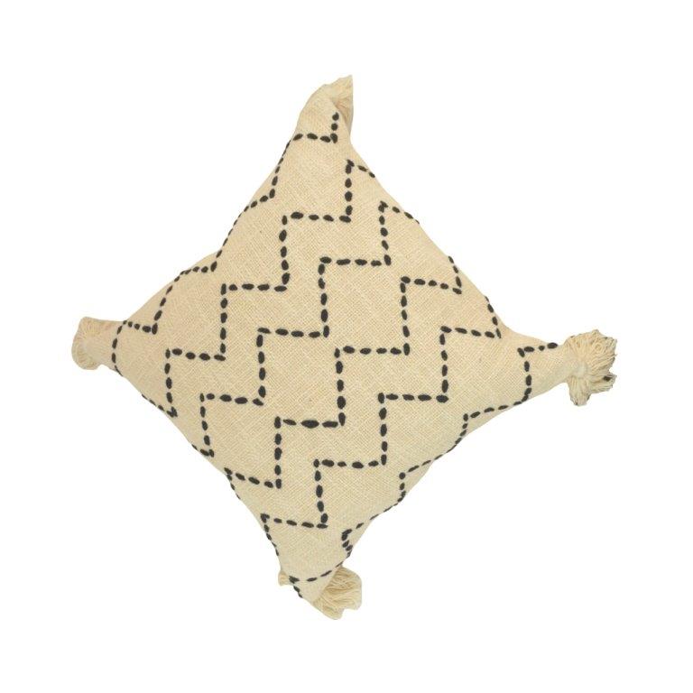 Hand Embroidered Zigzag Cotton Cushion Cover with Tassels – 45x45 cm | Boho Decorative Pillow Cover - Bulk manufacturer & supplier from Panipat, India