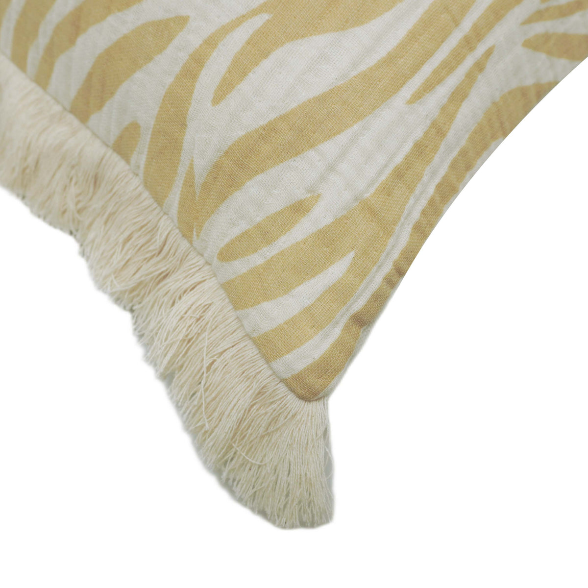 Printed Cotton Cushion Cover 45x45 cm – Beige & Ivory Abstract Leaf Design with Fringe