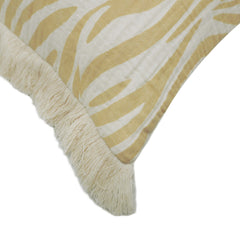 Printed Cotton Cushion Cover 45x45 cm – Beige & Ivory Abstract Leaf Design with Fringe