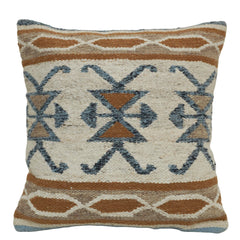 Handwoven Cotton Cushion Cover 45x45 cm | Tribal Geometric Woven Throw Pillow Cover | Boho Decorative Cushion Cover with Concealed Zip | Beige, Brown & Blue