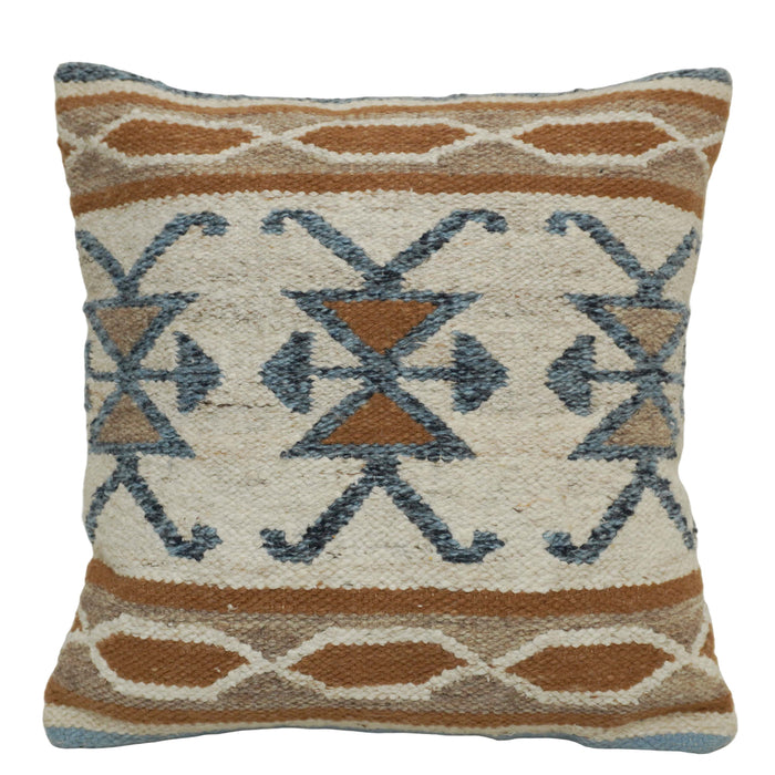 Handwoven Cotton Cushion Cover 45x45 cm | Tribal Geometric Woven Throw Pillow Cover | Boho Decorative Cushion Cover with Concealed Zip | Beige, Brown & Blue