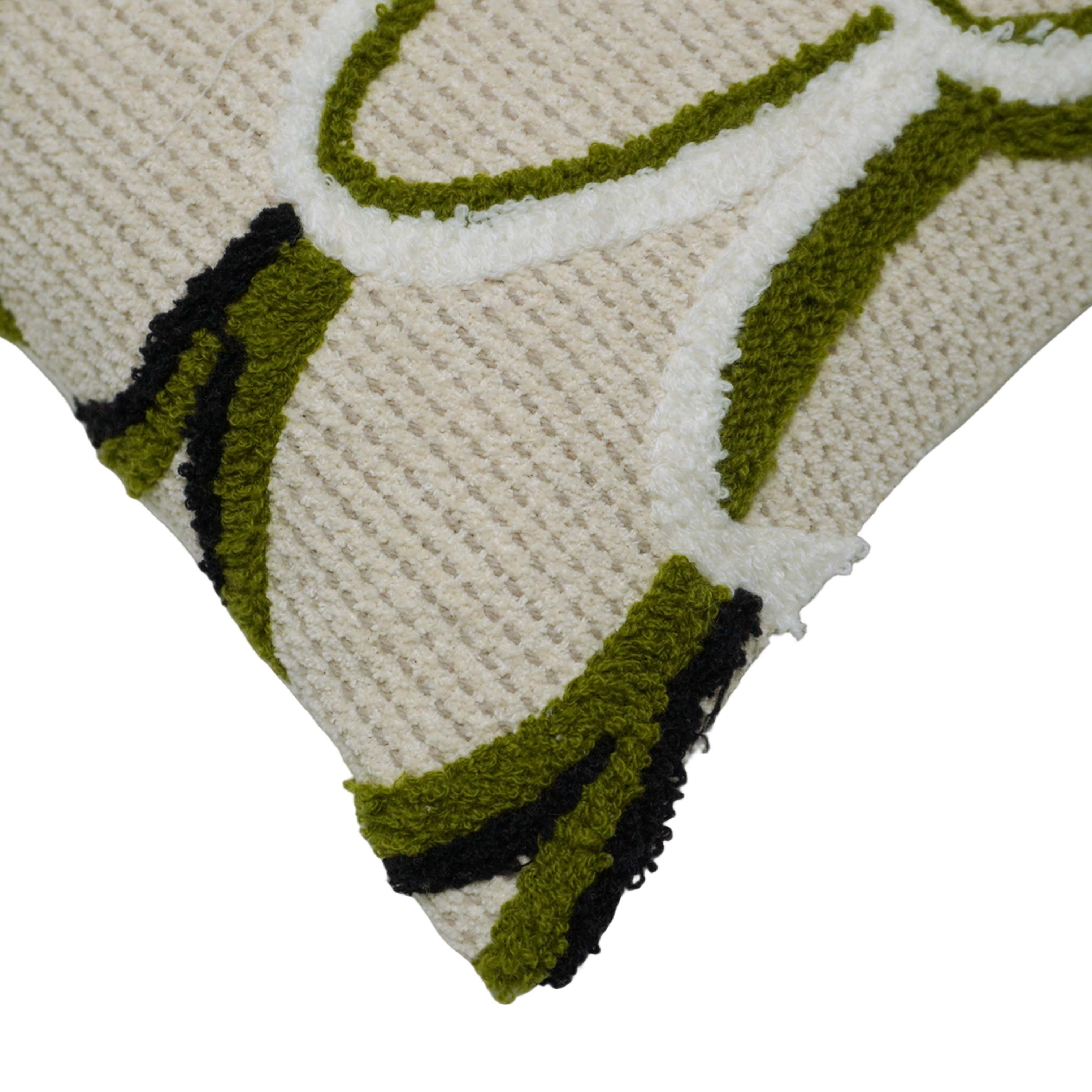 Machine Embroidered Cotton Cushion Cover 45x45 cm – Abstract Loop Pattern in Olive Green & Black