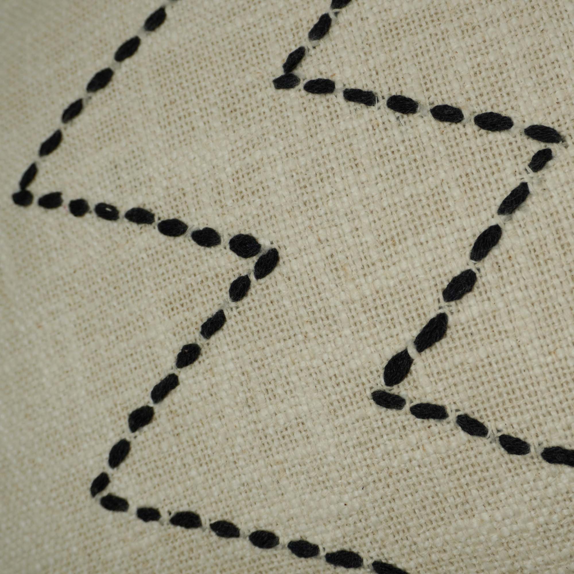 Hand Embroidered Cotton Cushion Cover 45x45 cm | Beige & Black Zigzag Pattern with Corner Tassels | Boho Decorative Throw Pillow Cover | Hidden Zip