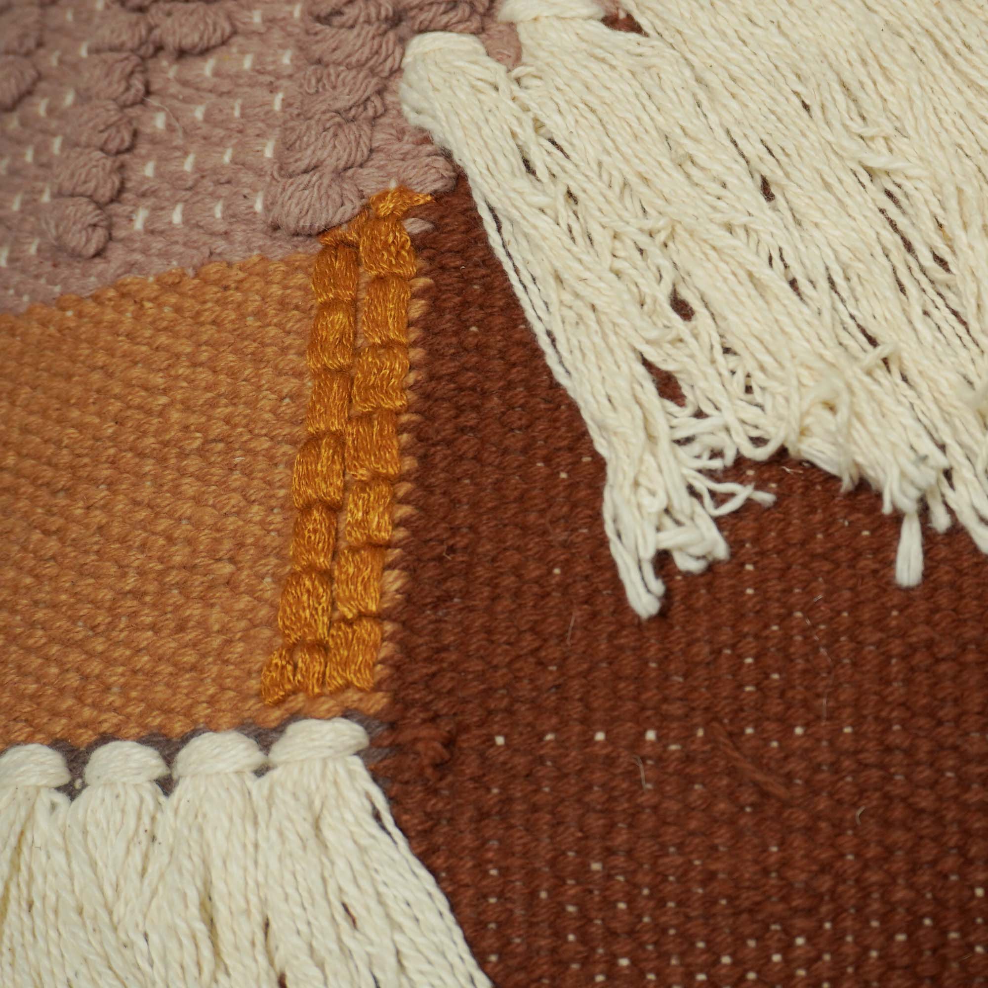 Handwoven Cotton Cushion Cover 45x45 cm | Boho Fringe Decorative Throw Pillow Cover | Handmade Textured Patchwork Cushion Cover | Concealed Zip | Brown, Beige & Ivory
