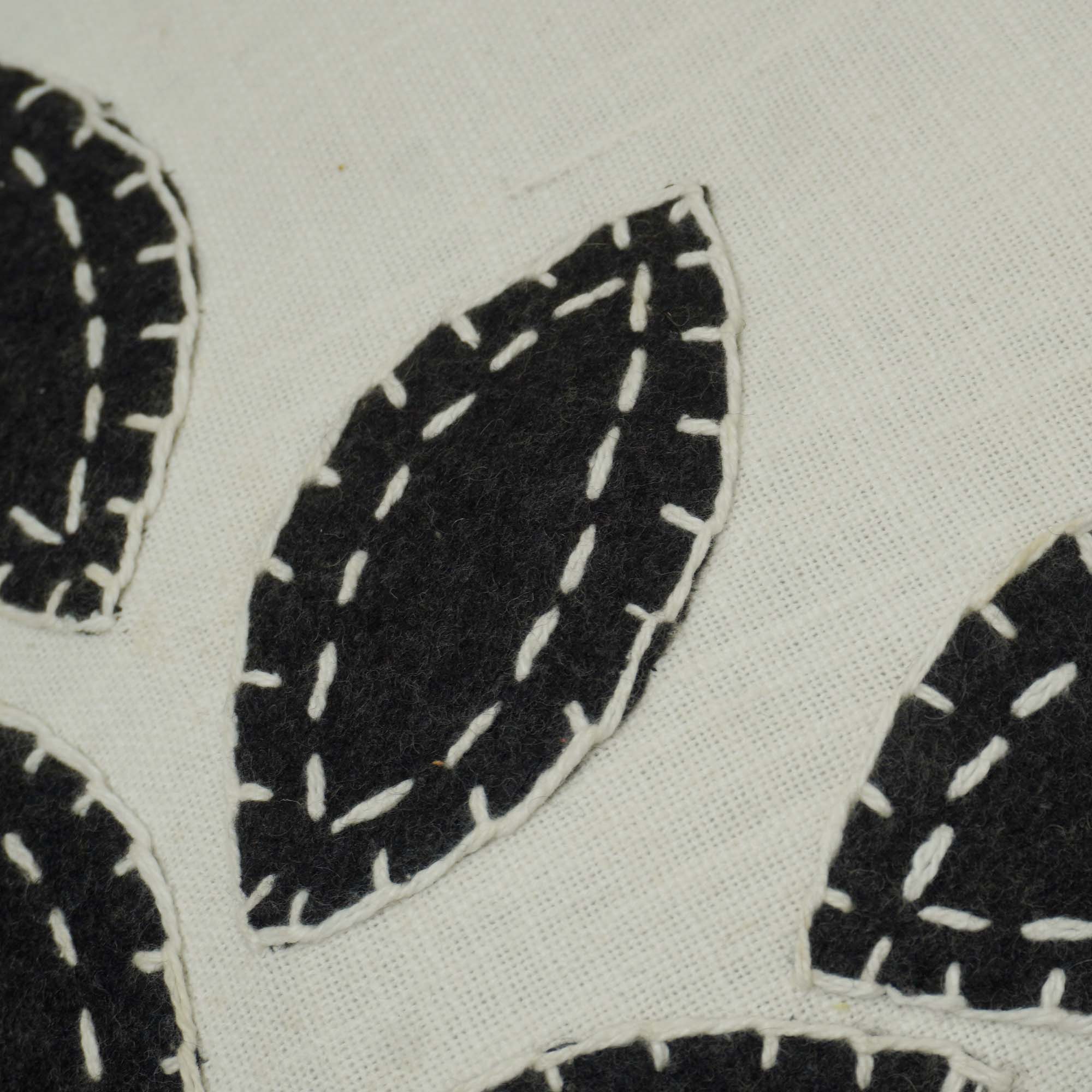 Handcrafted Embroidered Cotton Cushion Cover 45x45 cm | Modern Leaf Appliqué Design | Decorative Throw Pillow Cover with Hidden Zipper | Ivory & Black