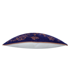 Navy Blue Embroidered Cotton Velvet Cushion Cover 40x60 cm | Floral Embroidery Lumbar Pillow Cover | Decorative Cushion Cover with Concealed Zip