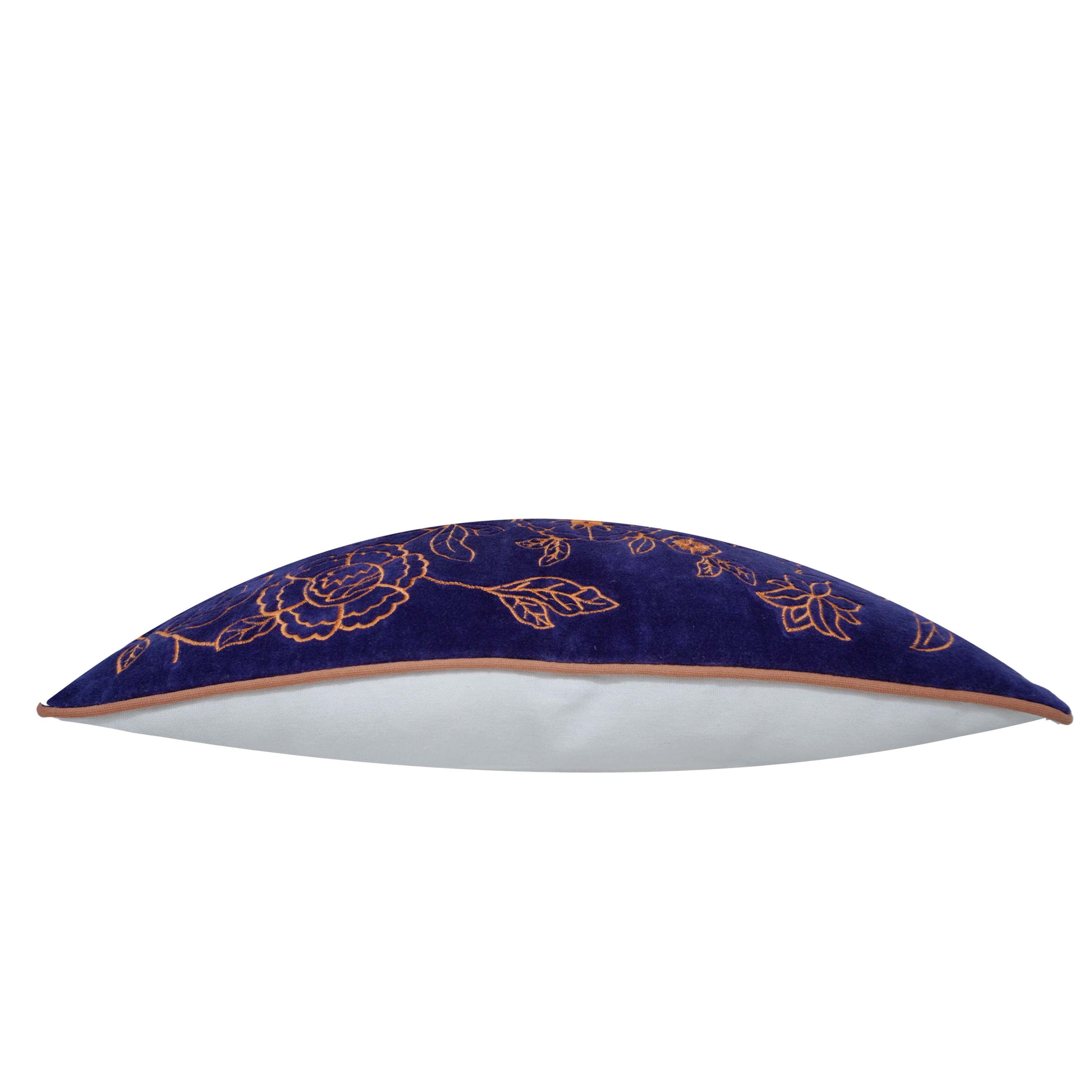 Navy Blue Embroidered Cotton Velvet Cushion Cover 40x60 cm | Floral Embroidery Lumbar Pillow Cover | Decorative Cushion Cover with Concealed Zip
