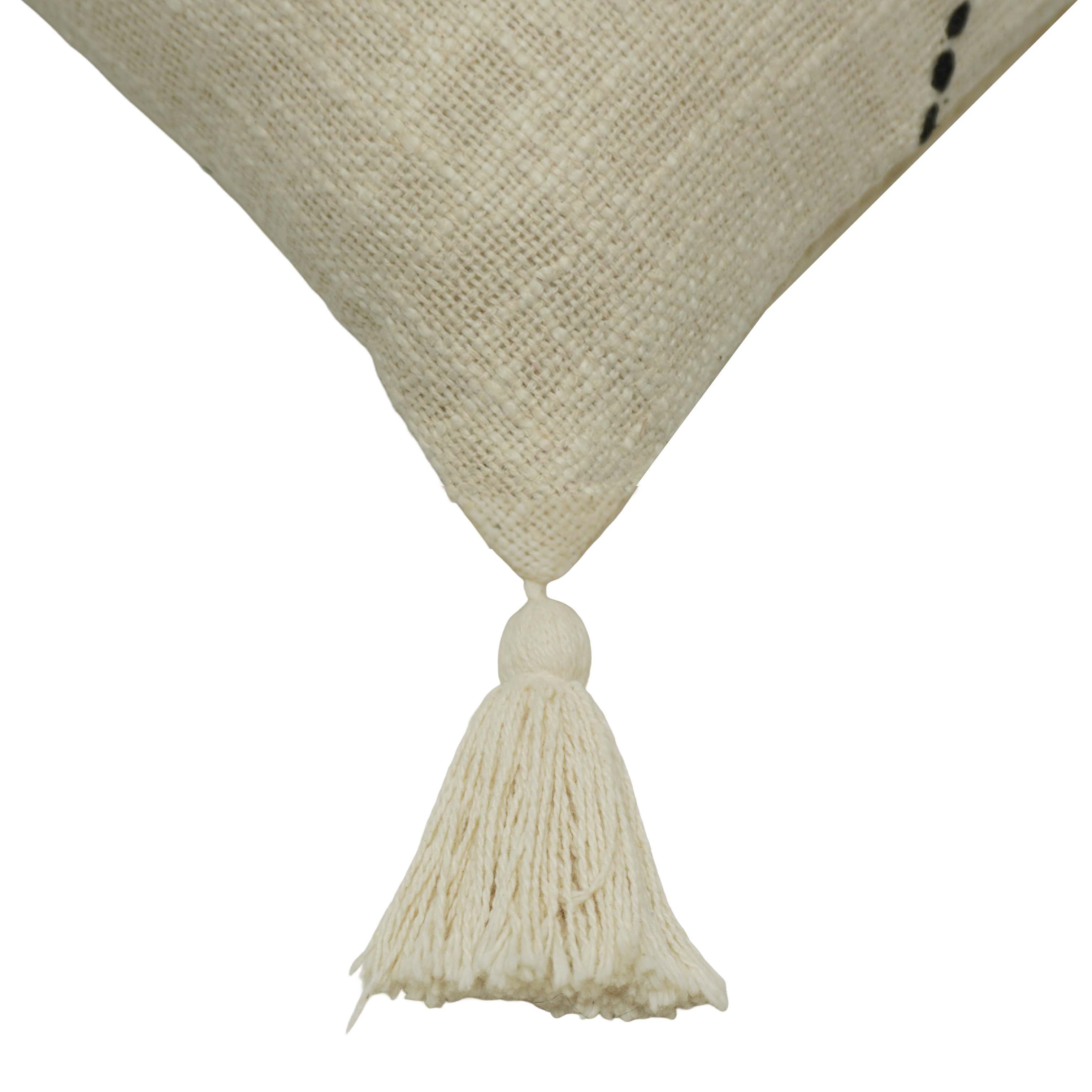 Handmade Embroidered Cotton Cushion Cover 45x45 cm | Ivory Cushion Cover with Black Zigzag Embroidery & Corner Tassels | Decorative Throw Pillow Cover | Hidden Zip