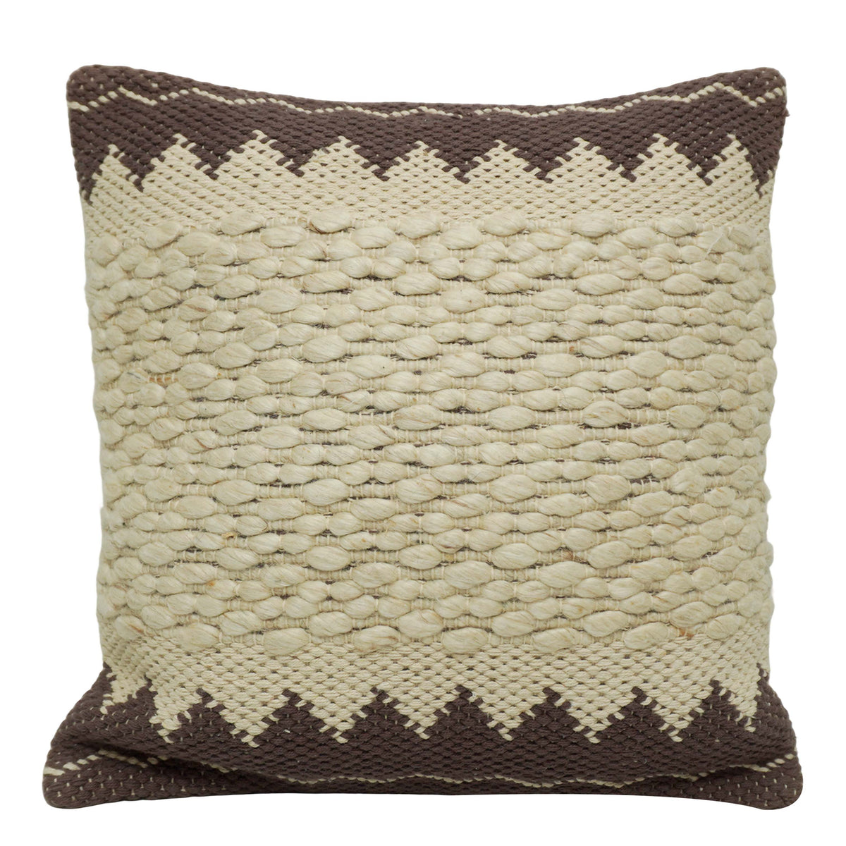 Handwoven Cotton Cushion Cover 45x45 cm | Textured Woven Boho Cushion Cover | Geometric Brown & Natural Decorative Pillow Cover with Hidden Zipper