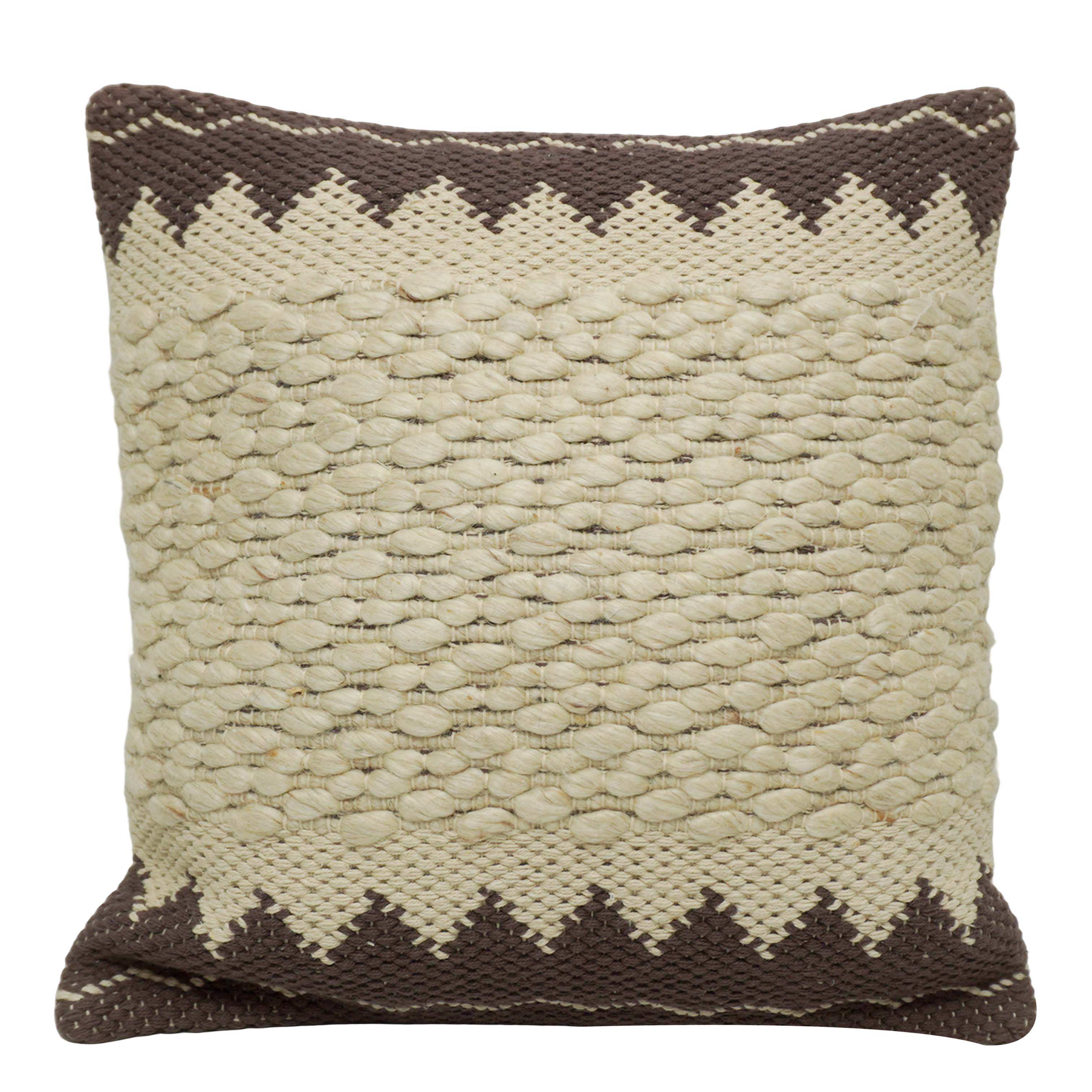Handwoven Cotton Cushion Cover 45x45 cm | Textured Woven Boho Cushion Cover | Geometric Brown & Natural Decorative Pillow Cover with Hidden Zipper