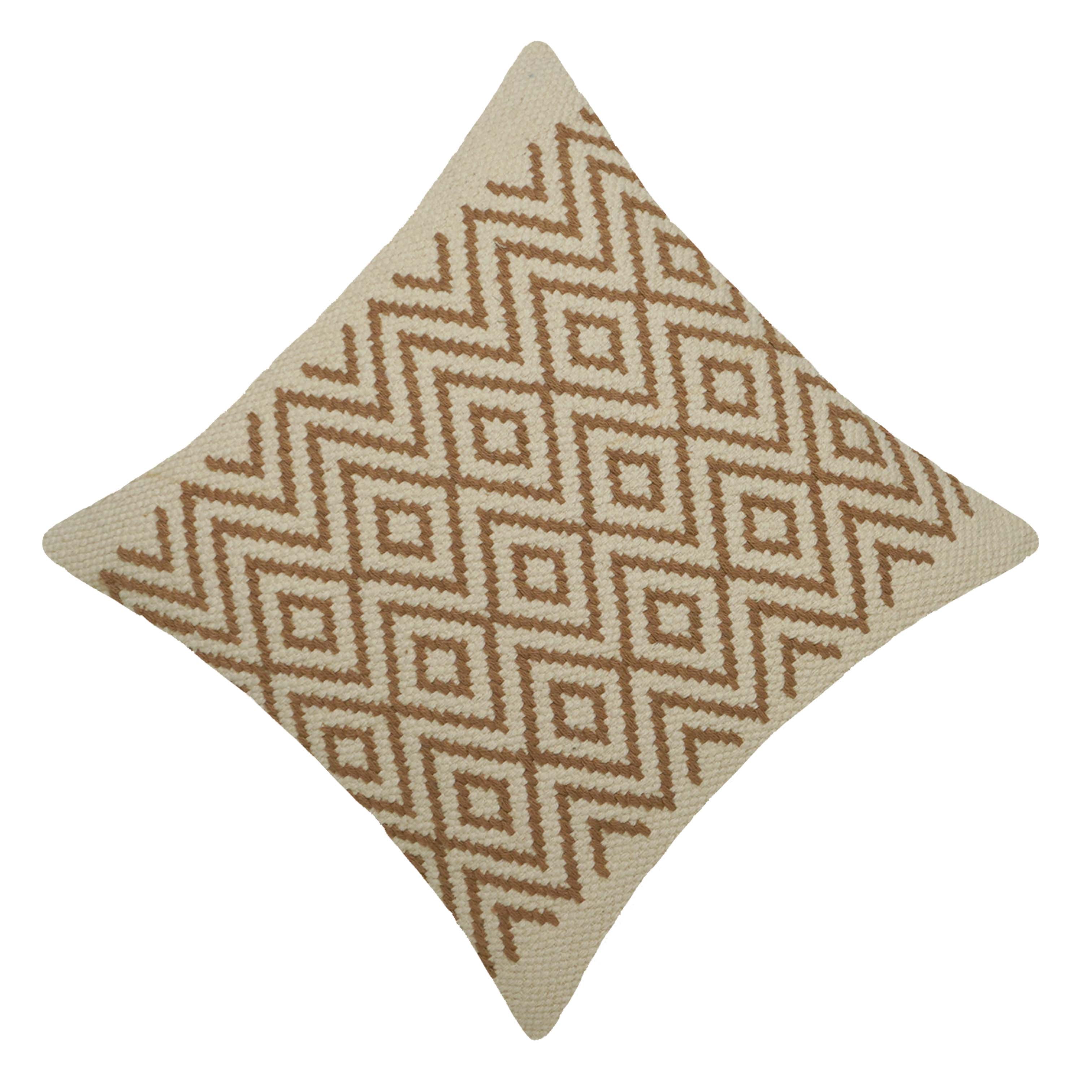 Handwoven Cotton Cushion Cover 45x45 cm | Geometric Diamond Pattern | Boho Decorative Throw Pillow Cover | Cream & Brown | Hidden Zip | Sofa & Bed Accent
