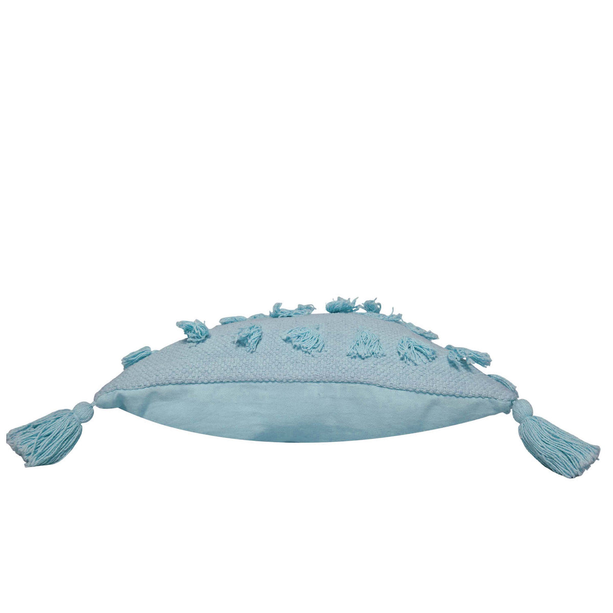 Handwoven Cotton Cushion Cover – Light Blue Textured Tassel Design, 45 x 45 cm