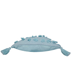 Handwoven Cotton Cushion Cover – Light Blue Textured Tassel Design, 45 x 45 cm