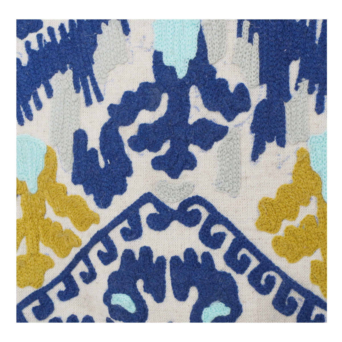 Jacquard Woven Cotton Cushion Cover – Abstract Geometric Floral Design in Blue & Mustard | 18x18 Inch Decorative Throw Pillow Cover - Bulk manufacturer & supplier from Panipat, India