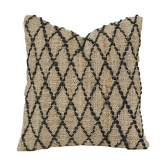 Handwoven Jute Cushion Cover with Black Diamond Embroidery | Rustic Natural Decorative Pillow Case | 18x18 Inch