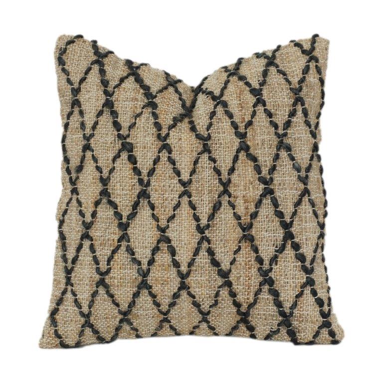 Handwoven Jute Cushion Cover with Black Diamond Embroidery | Rustic Natural Decorative Pillow Case | 18x18 Inch