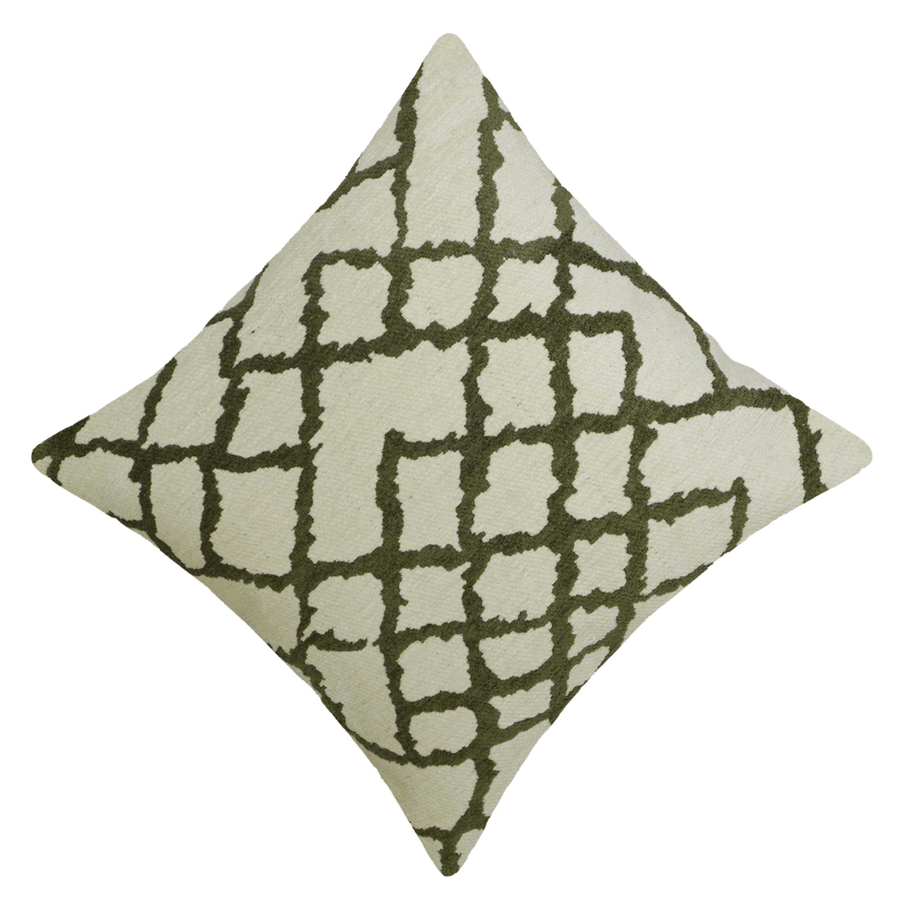 Geometric Jacquard Cotton Cushion Cover 45x45 cm | Ivory & Olive Green | Modern Trellis Pattern | Decorative Throw Pillow Cover with Hidden Zip