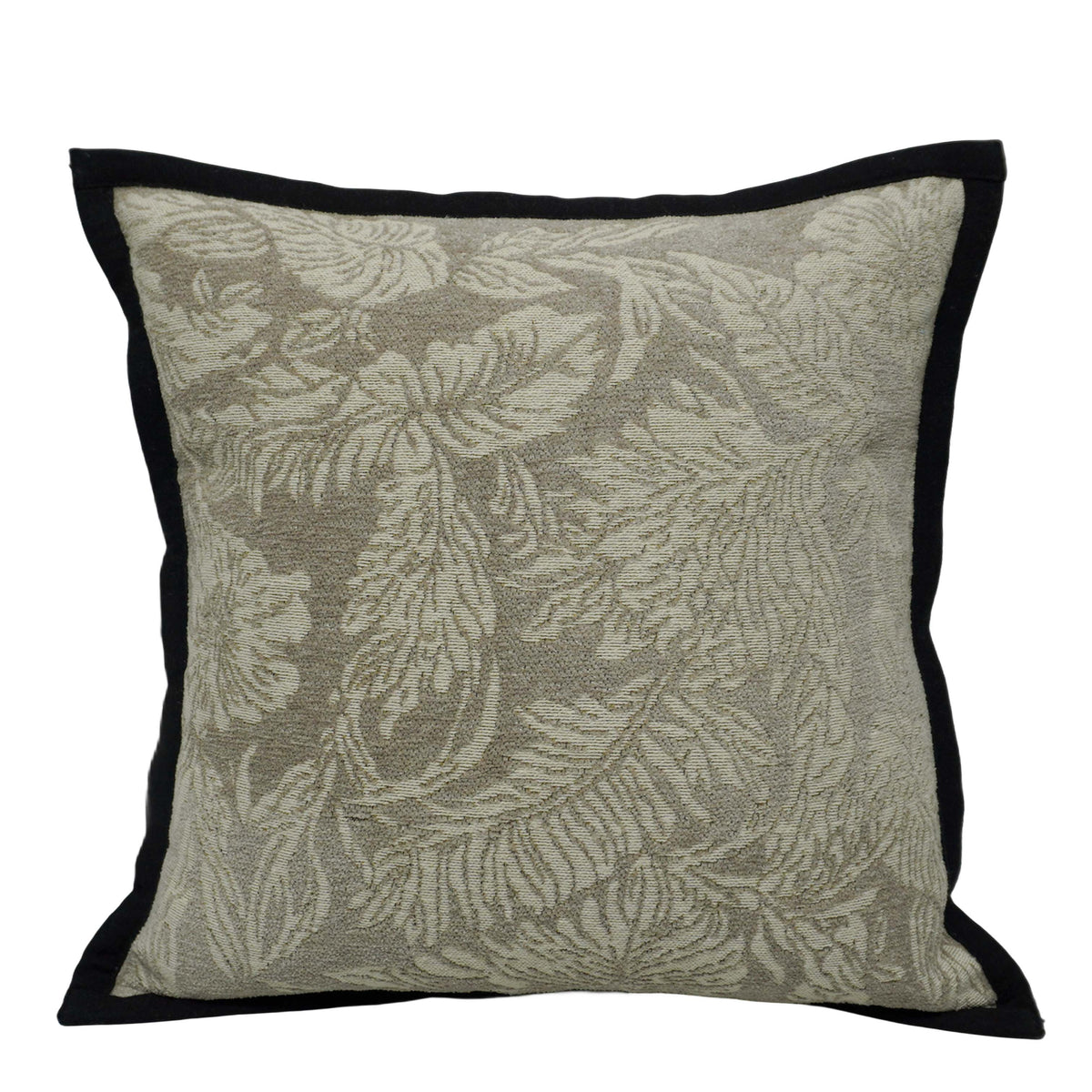 Beige Floral Jacquard Cushion Cover with Black Border – 45 x 45 cm | Elegant Textured Cushion Cover