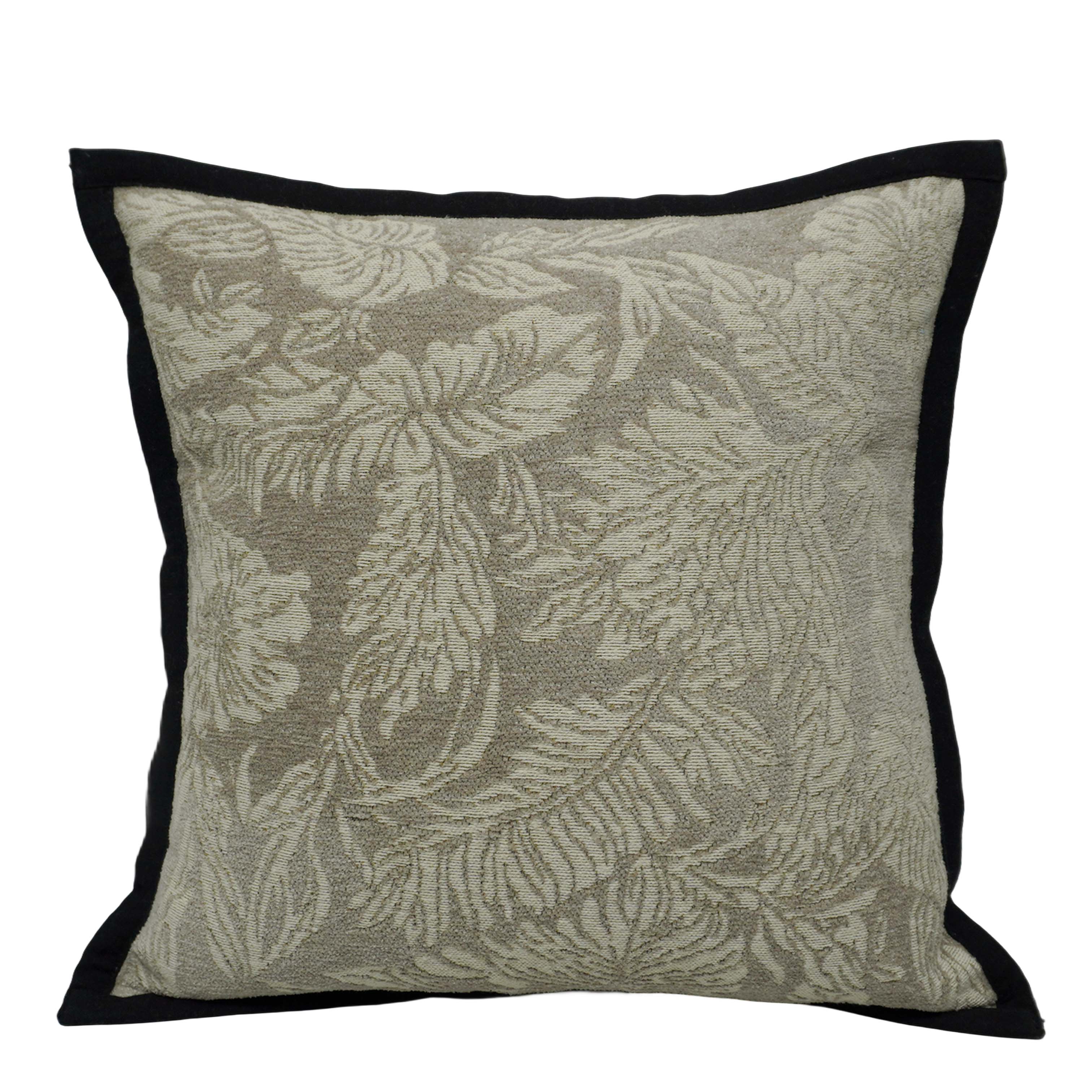 Beige Floral Jacquard Cushion Cover with Black Border – 45 x 45 cm | Elegant Textured Cushion Cover