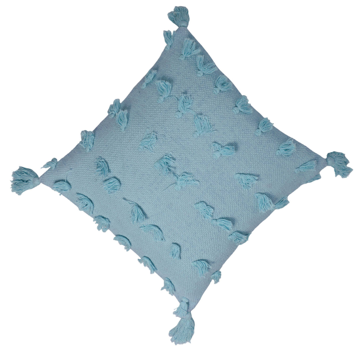 Handwoven Cotton Cushion Cover – Light Blue Textured Tassel Design, 45 x 45 cm