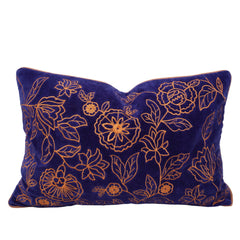 Navy Blue Embroidered Cotton Velvet Cushion Cover 40x60 cm | Floral Embroidery Lumbar Pillow Cover | Decorative Cushion Cover with Concealed Zip