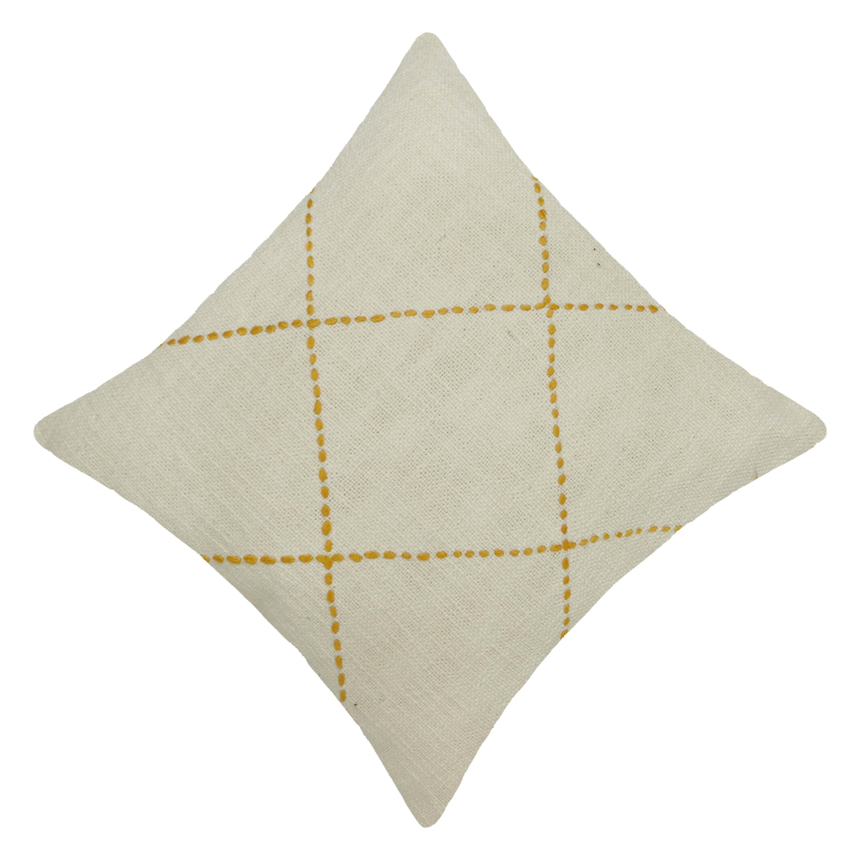 Hand Embroidered Cotton Cushion Cover 45x45 cm | Ivory & Mustard Geometric Stitch Decorative Throw Pillow Cover | Modern Boho Home Décor