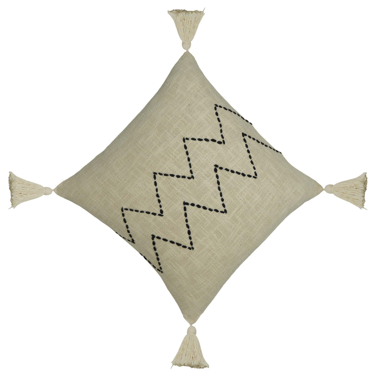 Handmade Embroidered Cotton Cushion Cover 45x45 cm | Ivory Cushion Cover with Black Zigzag Embroidery & Corner Tassels | Decorative Throw Pillow Cover | Hidden Zip