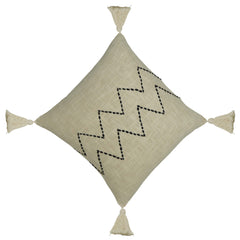 Handmade Embroidered Cotton Cushion Cover 45x45 cm | Ivory Cushion Cover with Black Zigzag Embroidery & Corner Tassels | Decorative Throw Pillow Cover | Hidden Zip