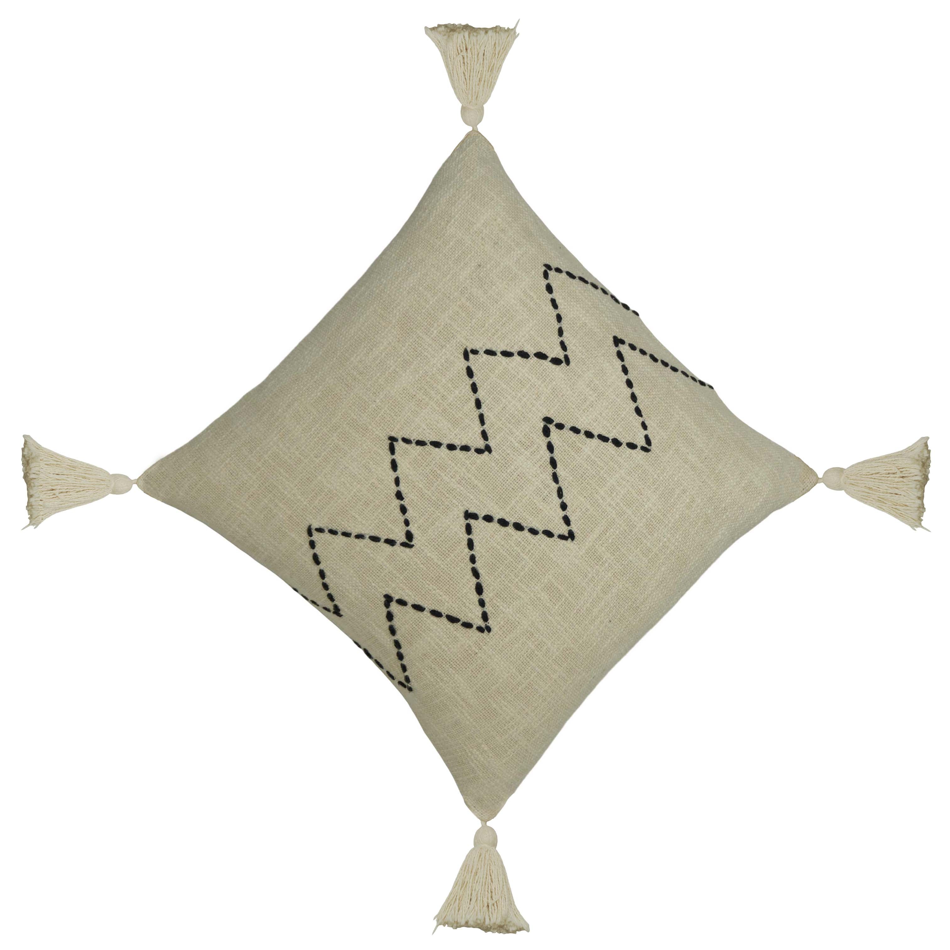 Handmade Embroidered Cotton Cushion Cover 45x45 cm | Ivory Cushion Cover with Black Zigzag Embroidery & Corner Tassels | Decorative Throw Pillow Cover | Hidden Zip