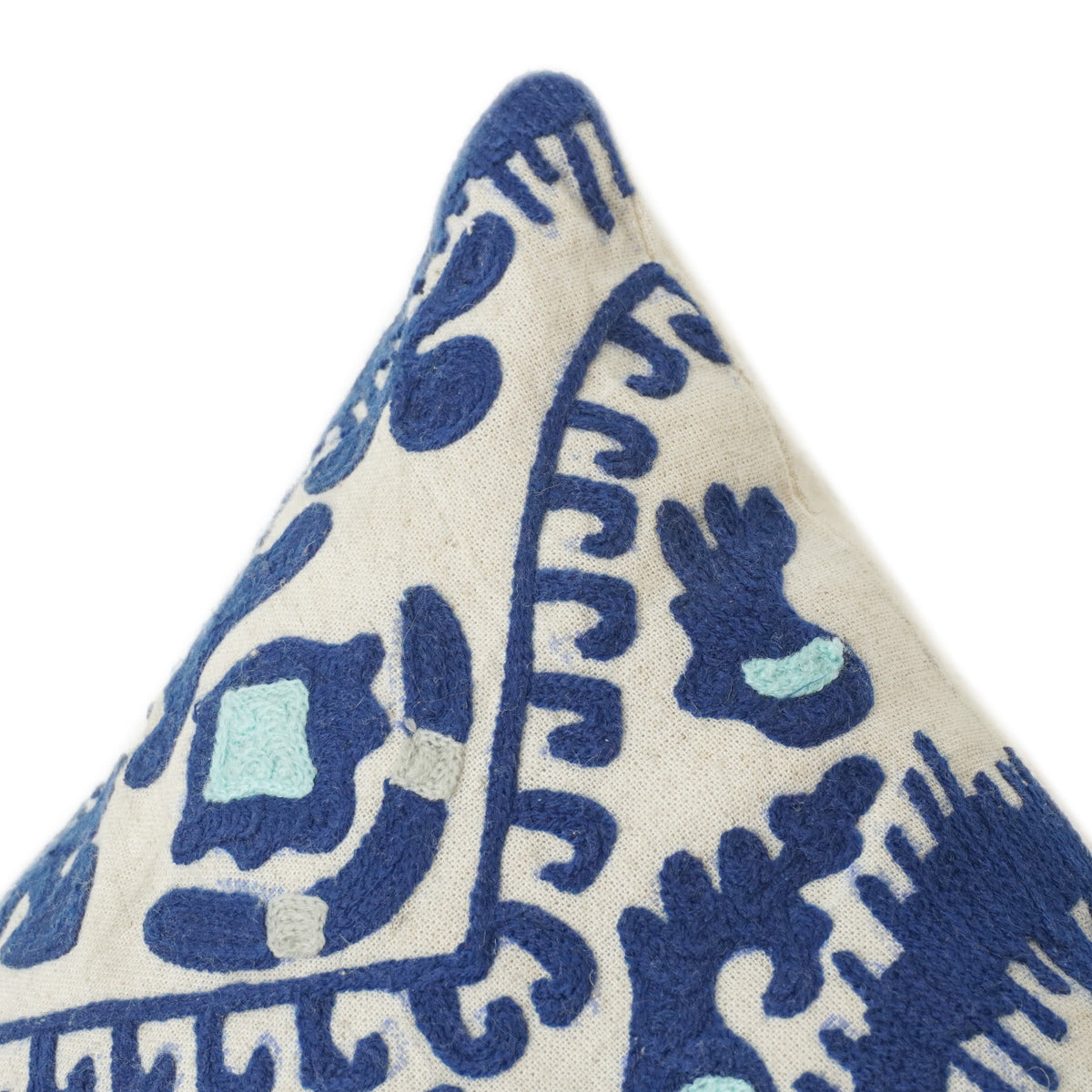 Jacquard Woven Cotton Cushion Cover – Abstract Geometric Floral Design in Blue & Mustard | 18x18 Inch Decorative Throw Pillow Cover - Bulk manufacturer & supplier from Panipat, India
