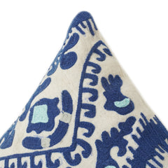 Housse de coussin en coton tissé jacquard – Motif floral géométrique abstrait en bleu et moutarde | Housse de coussin décorative 45x45 cm