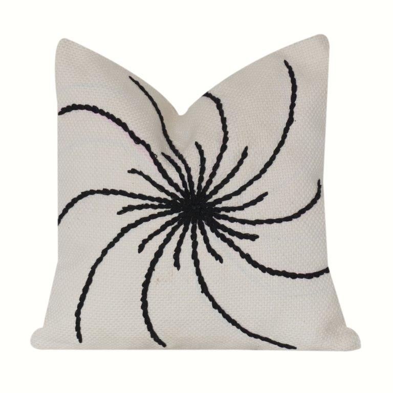 Black Spiral Embroidered Cotton Cushion Cover | Modern Abstract Floral Throw Pillow Cover | 18x18 Inch