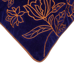 Navy Blue Embroidered Cotton Velvet Cushion Cover 40x60 cm | Floral Embroidery Lumbar Pillow Cover | Decorative Cushion Cover with Concealed Zip