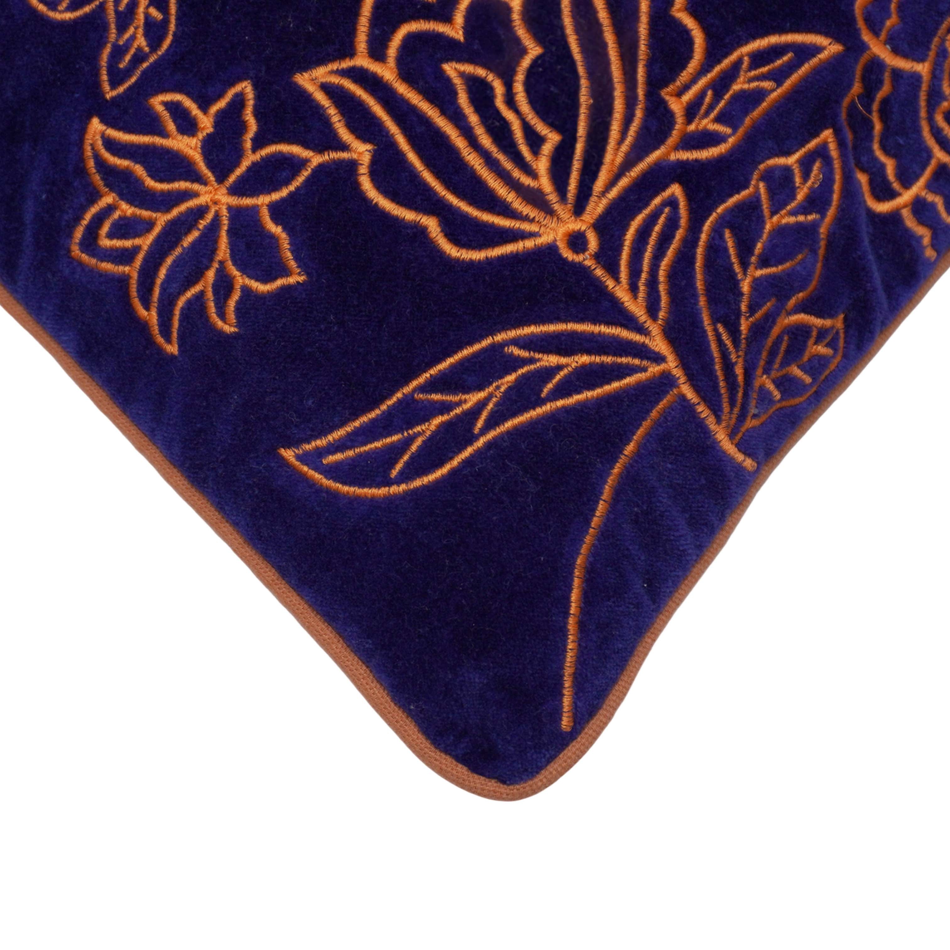 Navy Blue Embroidered Cotton Velvet Cushion Cover 40x60 cm | Floral Embroidery Lumbar Pillow Cover | Decorative Cushion Cover with Concealed Zip