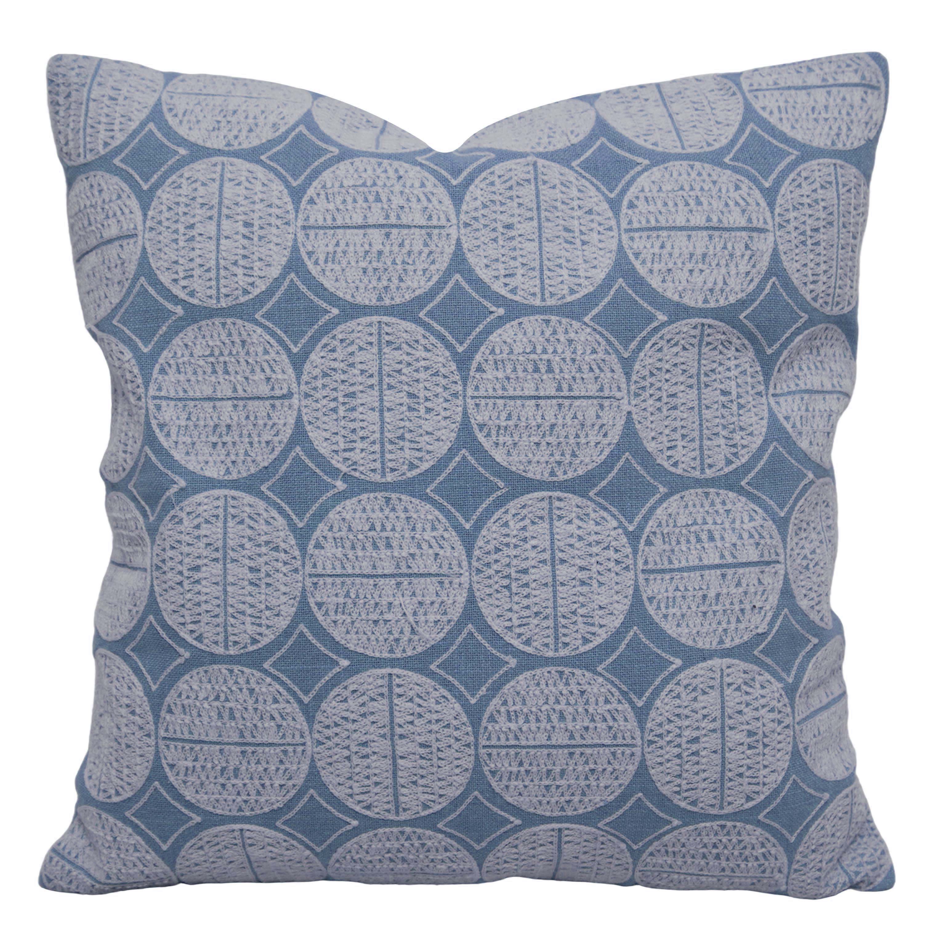 Machine Embroidered Geometric Cotton Cushion Cover 45x45 cm | Blue & White Decorative Throw Pillow Cover | Modern Square Cushion Cover with Concealed Zip