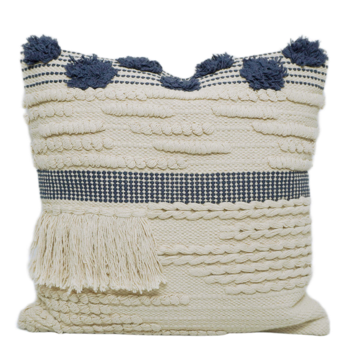 Navy & Cream Textured Handwoven Cotton Tassel Cushion Cover 45x45 cm