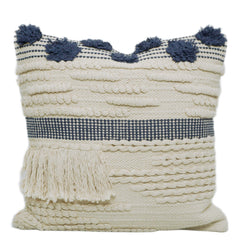 Navy & Cream Textured Handwoven Cotton Tassel Cushion Cover 45x45 cm