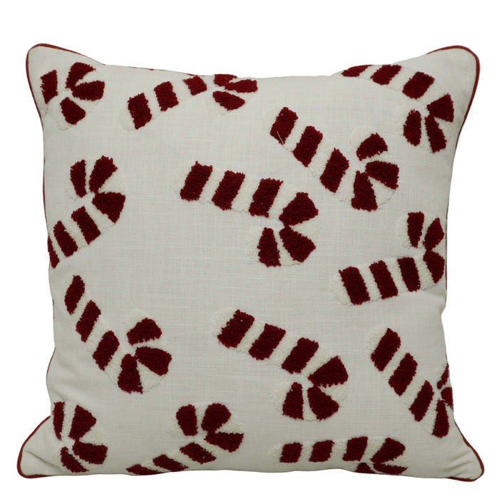 Hand Tufted Cotton Cushion Cover 45x45 cm | Red & Ivory Candy Cane Pattern | Decorative Throw Pillow Cover | Hidden Zipper | Modern Christmas Home Décor