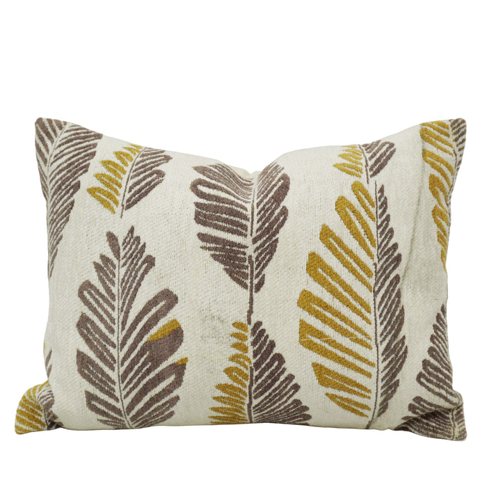 Leaf Pattern Jacquard Cotton Cushion Cover 35 x 50 cm | Decorative Lumbar Cushion Cover with Concealed Zip | Ivory, Mustard & Taupe