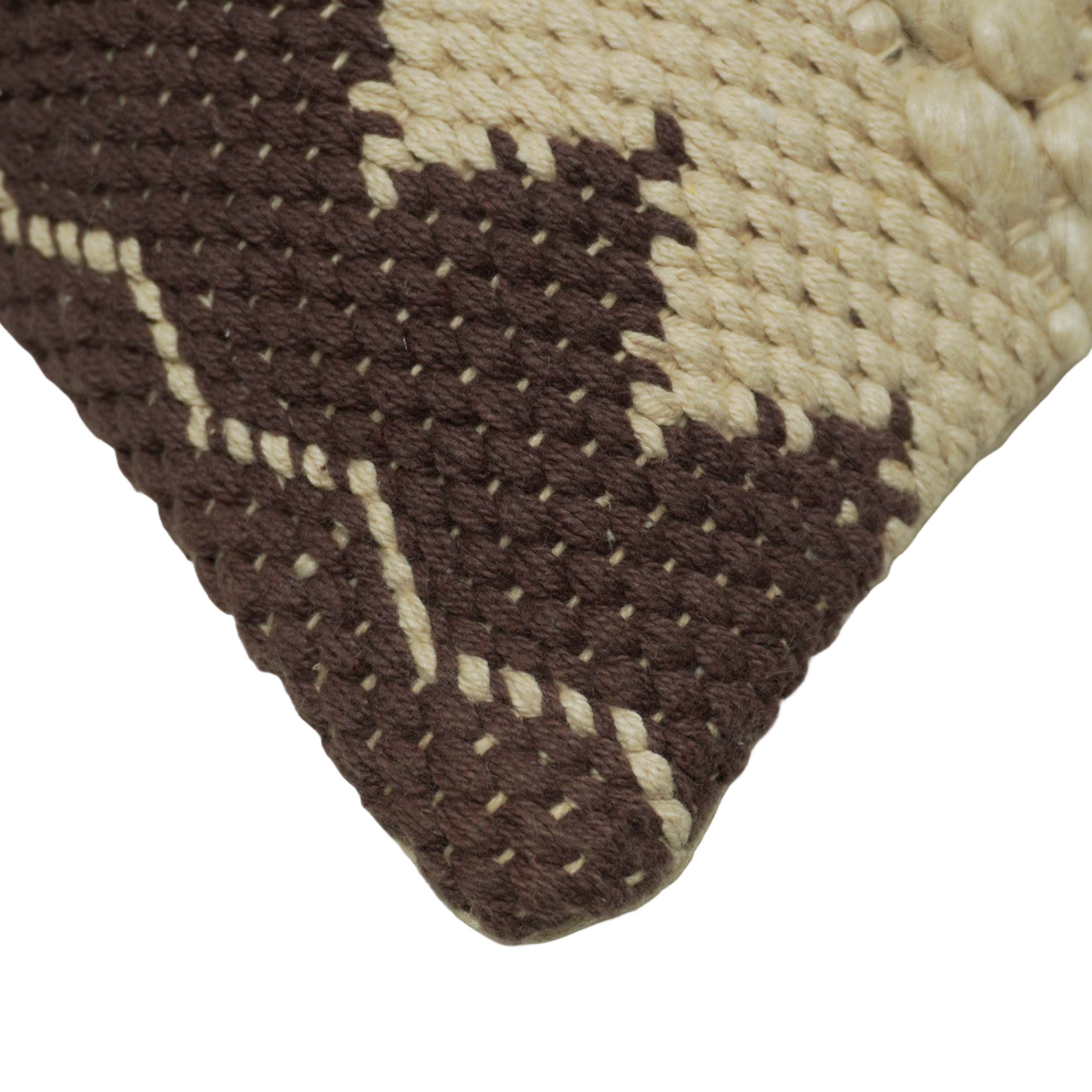 Handwoven Cotton Cushion Cover 45x45 cm | Textured Woven Boho Cushion Cover | Geometric Brown & Natural Decorative Pillow Cover with Hidden Zipper