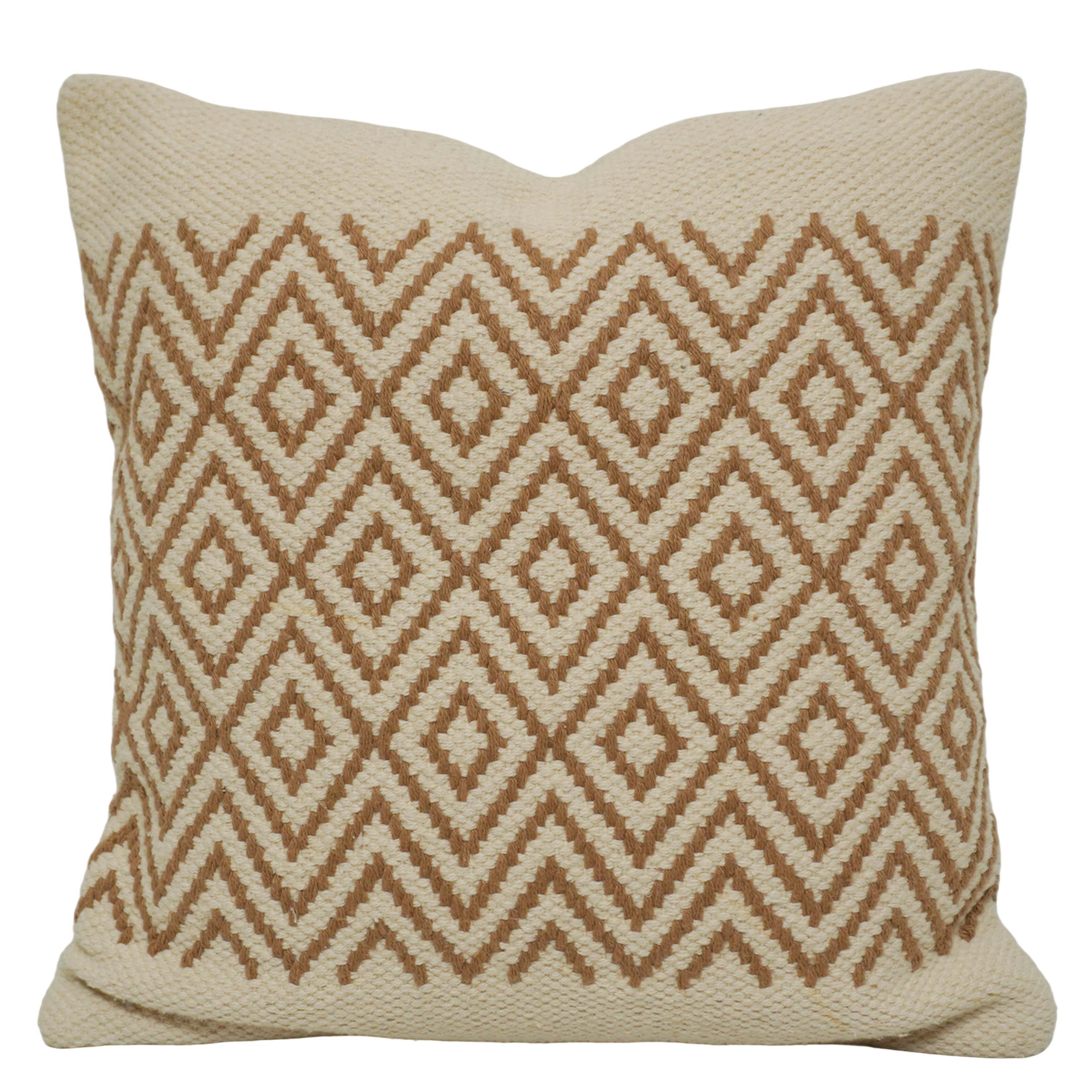 Handwoven Cotton Cushion Cover 45x45 cm | Geometric Diamond Pattern | Boho Decorative Throw Pillow Cover | Cream & Brown | Hidden Zip | Sofa & Bed Accent