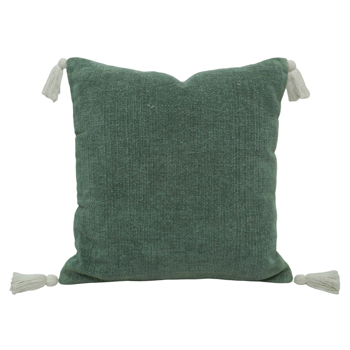 Handwoven Cotton Cushion Cover in Sage Green with Tassel Details – 45 x 45 cm